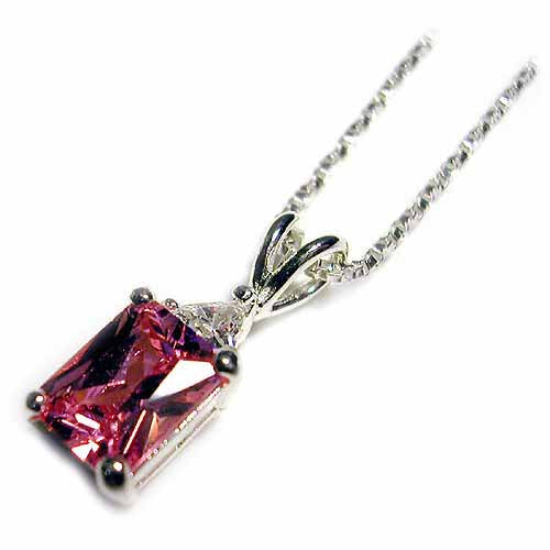 Sterling Silver 2.9ct Pink & Clear CZ Emerald-Cut Solitaire Pendant