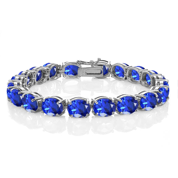 Sterling Silver Created Blue Sapphire 9x7mm Oval-cut Classic Tennis Bracelet