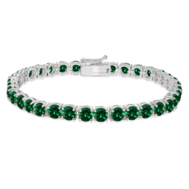 Sterling Silver 5mm Created Emerald Round-cut Tennis Bracelet