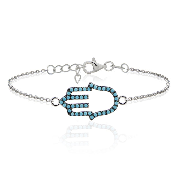 Sterling Silver Nano Created Turquoise Hamsa Hand Chain Bracelet