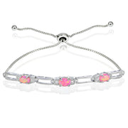 Sterling Silver Created Pink Opal and Cubic Zirconia Link Adjustable Bracelet