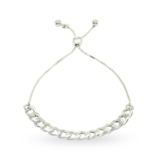 Sterling Silver Thin Cuban Link Chain Adjustable Pull-String Bracelet