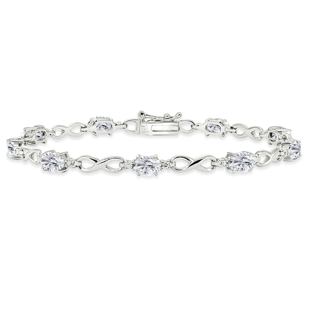 Sterling Silver Created White Sapphire Oval Polished Infinity Classic Tennis Bracelet