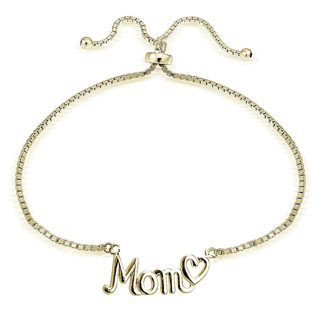 Gold Tone over Sterling Silver MOM & Heart Polished Adjustable Bracelet