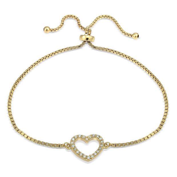 Gold Tone over Sterling Silver Cubic Zirconia Open Heart Adjustable Bracelet