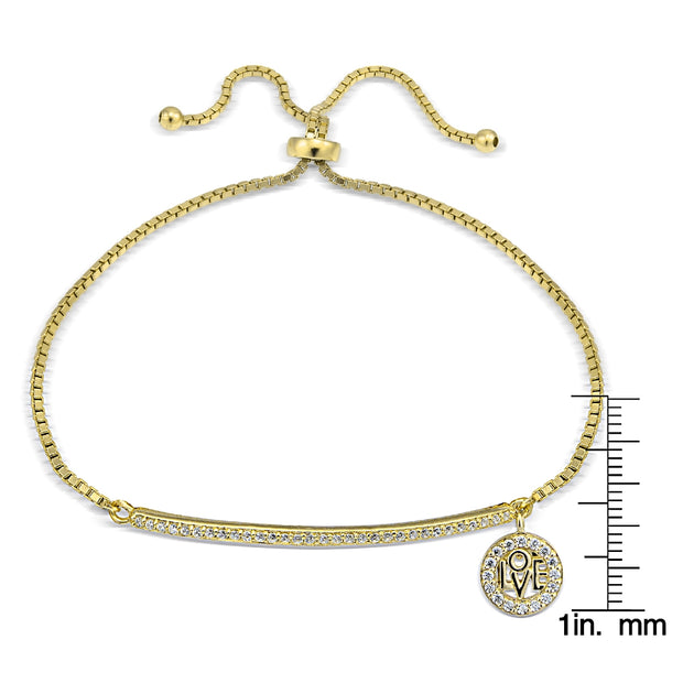 Gold Tone over Sterling Silver  Cubic Zirconia 'Love' Charm Bar Adjustable Bracelet