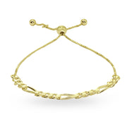 Yellow Gold Flashed Sterling Silver Thin Figaro Link Chain Adjustable Pull-String Bracelet