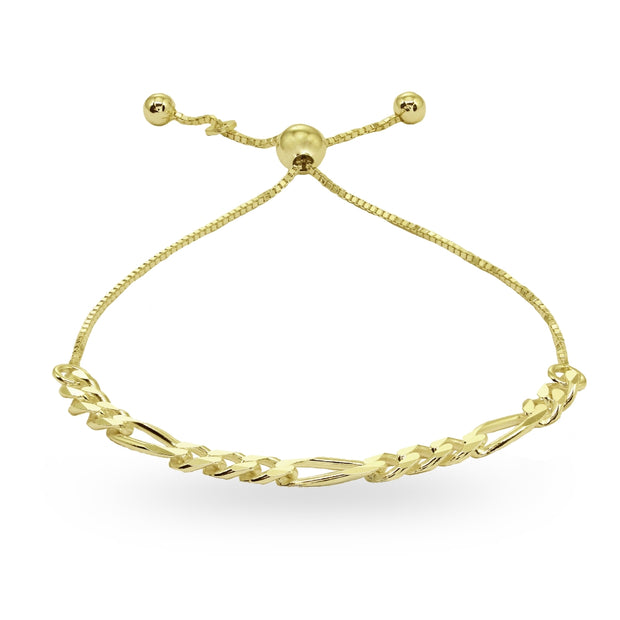 Yellow Gold Flashed Sterling Silver Thin Figaro Link Chain Adjustable Pull-String Bracelet