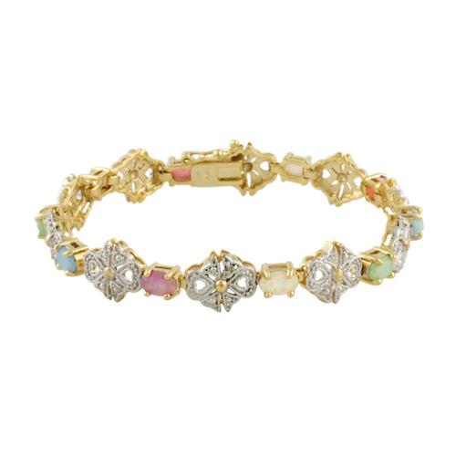 18K Gold over Sterling Silver Multi Colored Created Opal & Diamond Accent Filigree Bow Bracelet