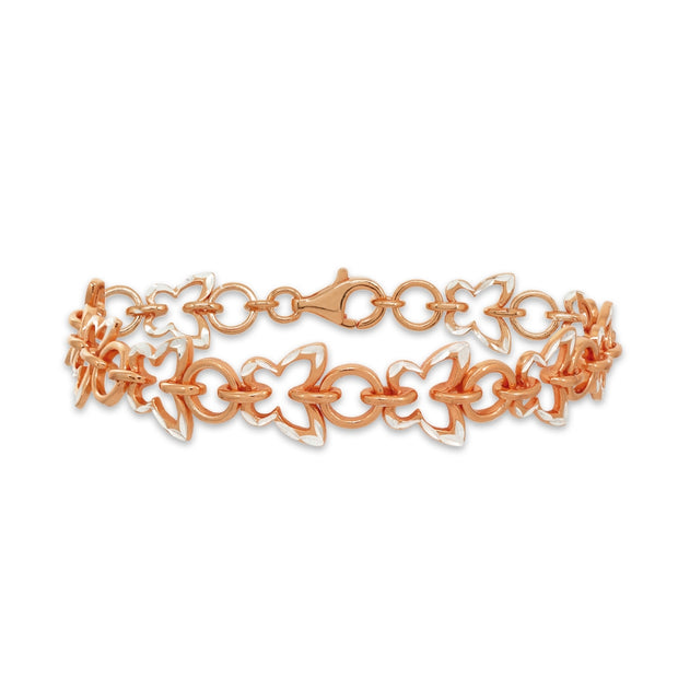 Two-Tone Rose Gold Flashed Sterling Silver Nature Butterfly Diamond-Cut Charm Link Bracelet
