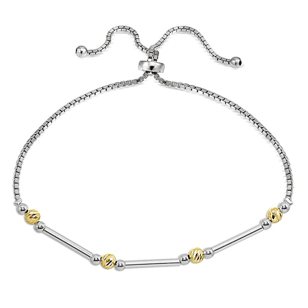 Two-Tone Yellow Gold Flashed Sterling Silver Polished Bar Diamond-Cut Beads Adjustable Chain Bolo Bracelet