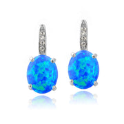 Sterling Silver Created Blue Opal & Diamond Accent Oval Leverback Earrings