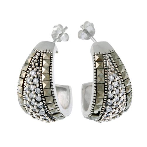 Sterling Silver Marcasite & CZ Half Hoop Earrings
