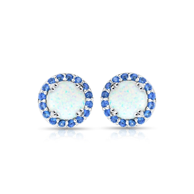 Sterling Silver Created White Opal and Blue Sapphire Round Halo Stud Earrings