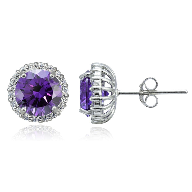Platinum Plated Sterling Silver 100 Facets Purple Cubic Zirconia Halo Stud Earrings (3cttw)
