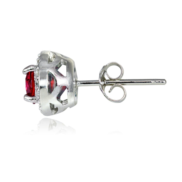 Sterling Silver 1.05ct Created Ruby & White Topaz 5mm Halo Stud Earrings