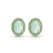 Sterling Silver Created White Opal and Peridot Oval Halo Stud Earrings