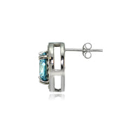 Sterling Silver Created Aquamarine and Marcasite Halo Stud Earrings