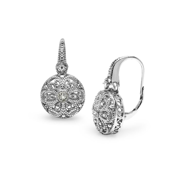 Sterling Silver Round Filigree Diamond Accent Leverback Drop Earrings, JK-I3