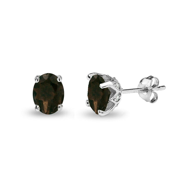 Sterling Silver Smoky Quartz and White Topaz Oval Crown Stud Earrings