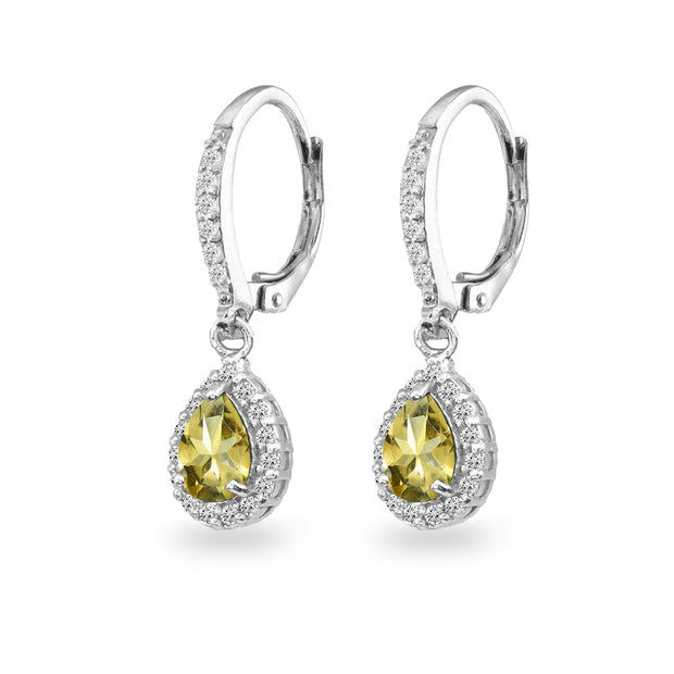 Sterling Silver Citrine Teardrop Dangle Halo Leverback Earrings with White Topaz Accents