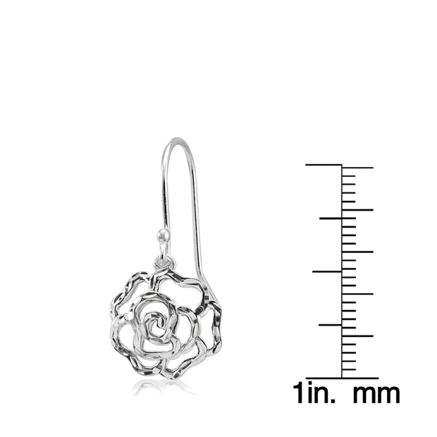 Sterling Silver High Polished Diamond-cut Filigree Rose Flower Dangle Earrings