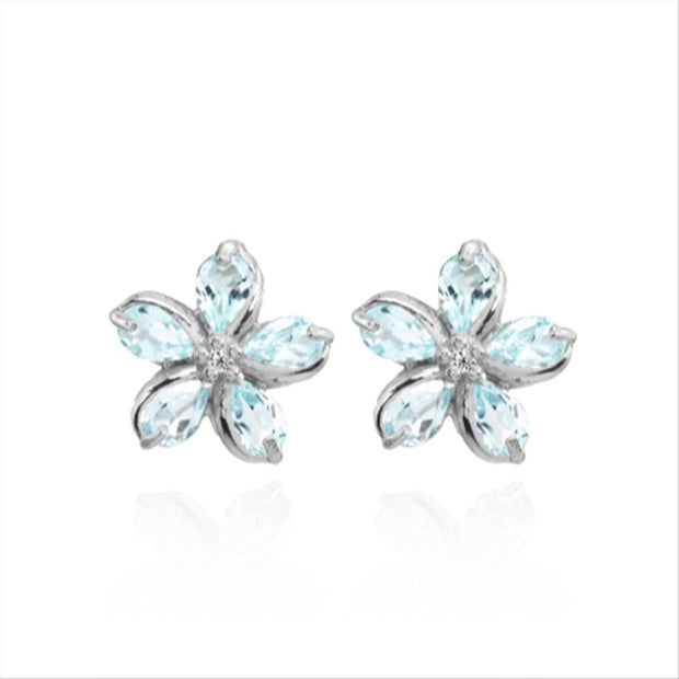 Sterling Silver Blue Topaz Polished Flower Stud Earrings