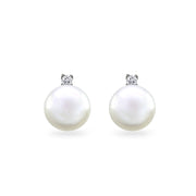 Sterling Silver Created White Pearl Drop Stud Earrings with CZ Accents