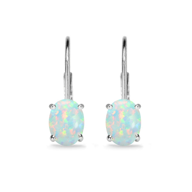 Sterling Silver Created White Opal 7x5mm Oval Solitaire Dainty Leverback Earrings
