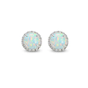 Sterling Silver Created White Opal & Cubic Zirconia 6mm Round-cut Halo Stud Earrings