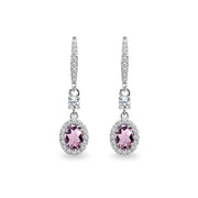 Sterling Silver Created Alexandrite & Cubic Zirconia 7x5mm Oval-Cut Halo Leverback Earrings