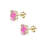 Yellow Gold Flashed Sterling Silver Created Pink Opal 6x4mm Oval-Cut Solitaire Stud Earrings