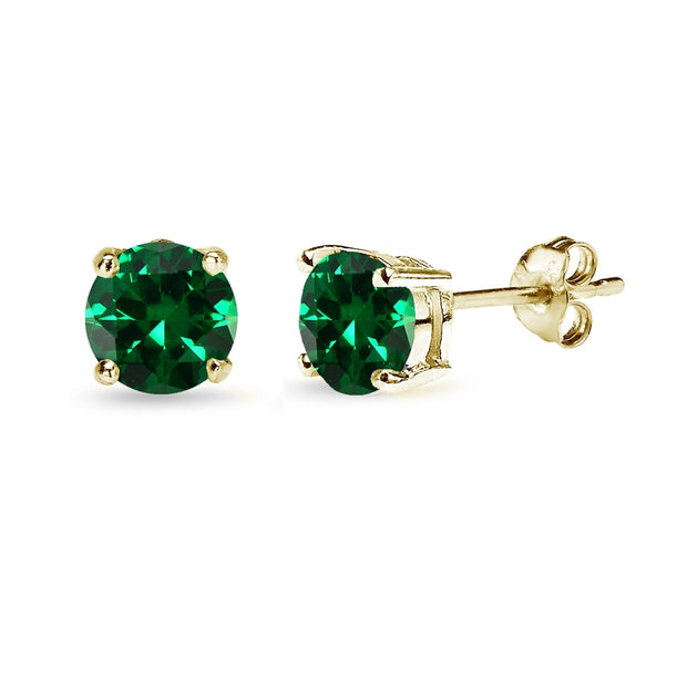 Yellow Gold Flashed Sterling Silver Created Emerald 6mm Round-Cut Solitaire Stud Earrings