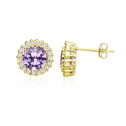 Yellow Gold Flashed Sterling Silver Created Amethyst and Cubic Zirconia Round Halo Stud Earrings
