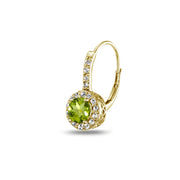 Yellow Gold Flashed Sterling Silver Peridot & White Topaz Round Dainty Halo Leverback Earrings