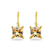 Yellow Gold Flashed Sterling Silver Champagne Cubic Zirconia Princess-cut 7x7mm Leverback Earrings