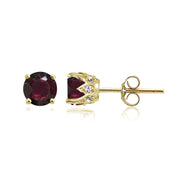 Yellow Gold Flashed Sterling Silver Garnet and Cubic Zirconia Accents Crown Stud Earrings