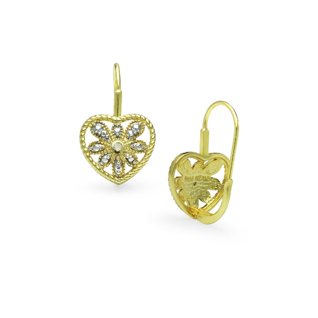 Yellow Gold Flashed Sterling Silver Heart Filigree Flower Diamond Accent Leverback Drop Earrings, JK-I3