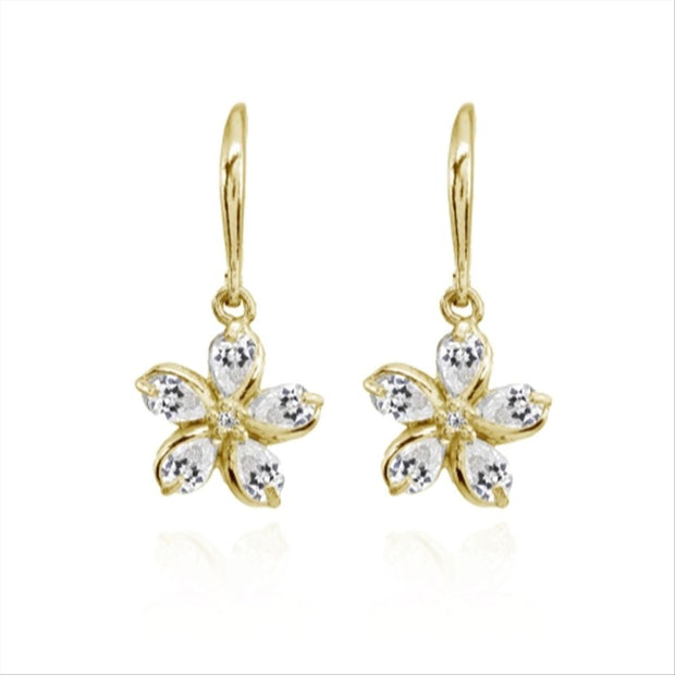 Yellow Gold Flashed Sterling Silver Cubic Zirconia Polished Flower Dangle Leverback Earrings