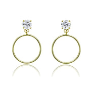 Yellow Gold Flashed Sterling Silver 5mm Cubic Zirconia Dangling Round Hoop Stud Earrings