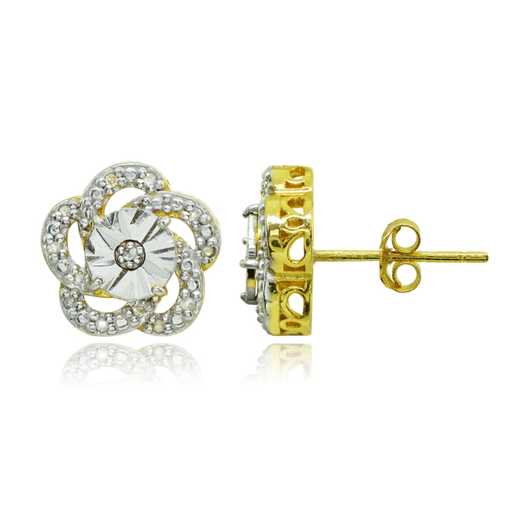 Yellow Gold Flashed Sterling Silver Polished Flower Diamond Accent Small Stud Earrings, JK-I3