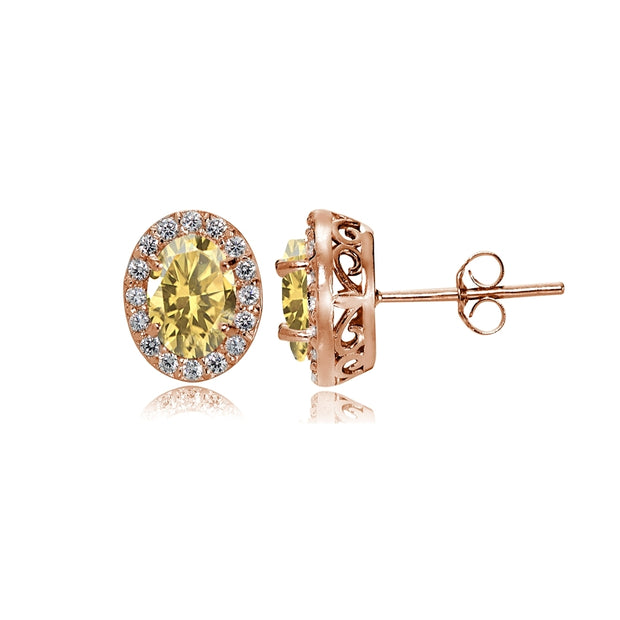 Rose Gold Flashed Sterling Silver Citrine and Cubic Zirconia Accents Oval Halo Stud Earrings