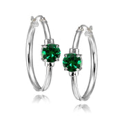 Sterling Silver Simulated Emerald Solitaire 25mm Hoop Earrings