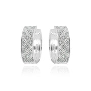 Sterling Silver Polished Textured Diamond Accent Round Click Top Huggie Hoop Earrings, JK-I3