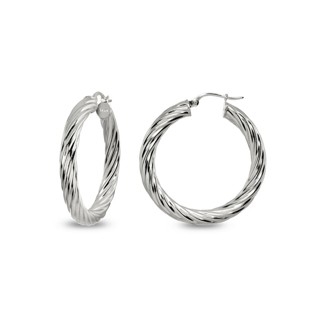 Sterling Silver Polished 4x30mm Twist Round Click-Top Medium Hoop Earrings