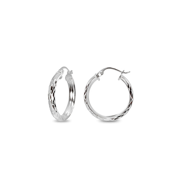 Sterling Silver 3x15mm Diamond-Cut Round Dainty Click-Top Small Hoop Earrings