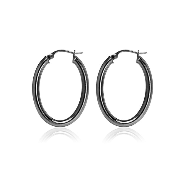 Black Flashed Sterling Silver Two Tone 3mm Oval Diamond-Cut Hoop Earrings, 20mm