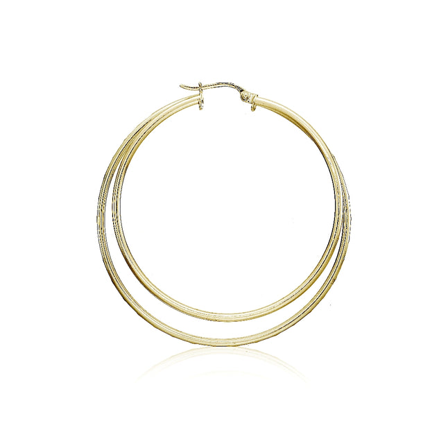 Yellow Gold Flashed Sterling Silver Double Circle Square-Tube Diamond Cut 45mm Round Hoop Earrings