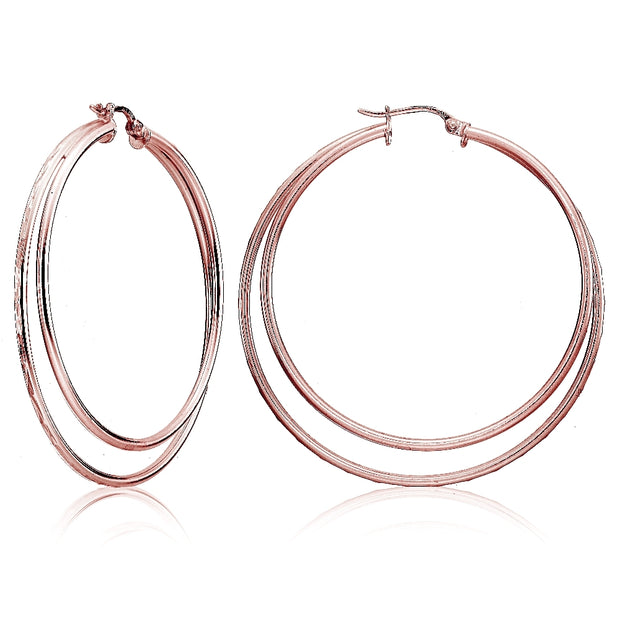 Rose Gold Flashed Sterling Silver Double Circle Square-Tube Diamond Cut 45mm Round Hoop Earrings