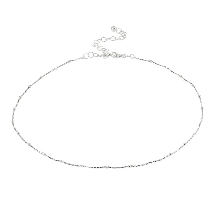 Sterling Silver Italian Box Chain with Station Beads Dainty Choker Necklace